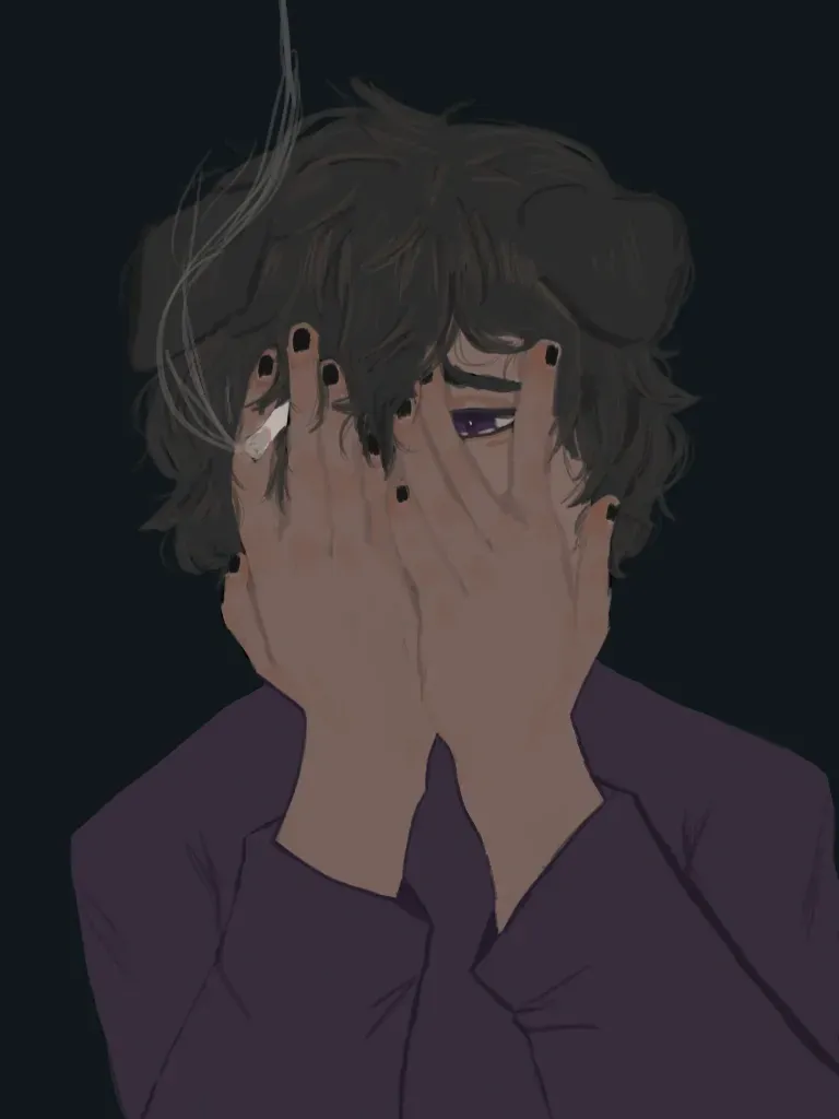 Digital painting of a person with messy dark hair hiding their face in both hands, a lit cigarette between their fingers