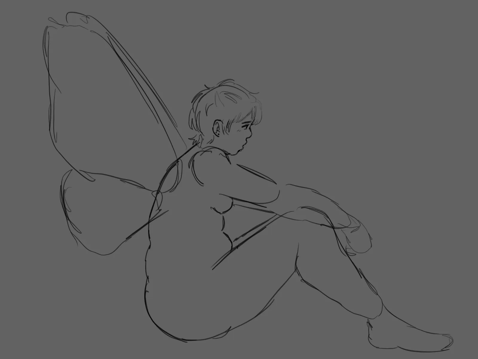 Line sketch of a fairy with short hair and large butterfly wings, sitting with her knees pulled up