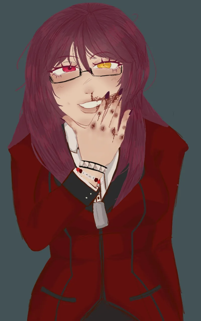 Digital illustration of a girl with long plum hair, glasses and one red and one gold eye, grinning behind a bloodied hand, wearing a red blazer
