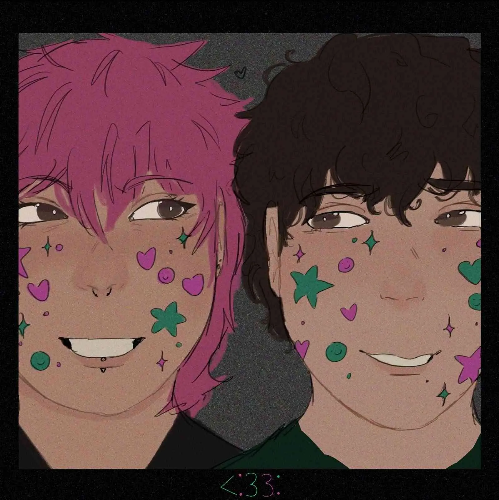 Digital portrait of two people cheek to cheek, one with pink hair and one with dark curls, their faces covered in heart, star and smiley stickers